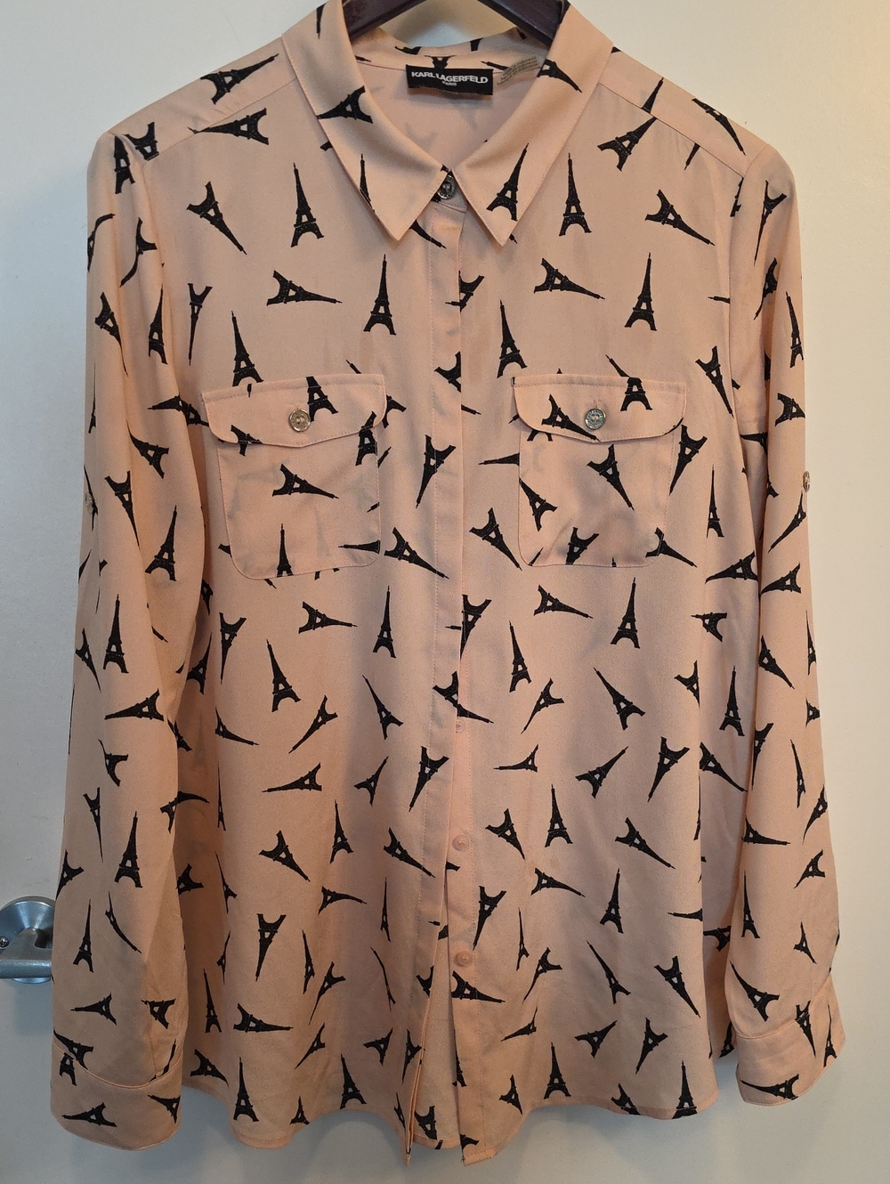 Karl Lagerfeld Blush Pink Button-Up Blouse with Black Eiffel Tower Print